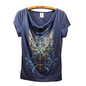 Ransom Navy Blue Top, Medium, Cross and Bling, Drop Neck Short Sleeve